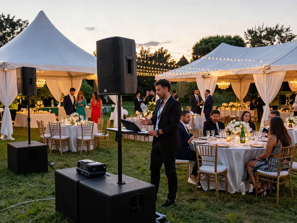 Event rentals setup featuring elegant tents and luxurious decor for a glamorous wedding.