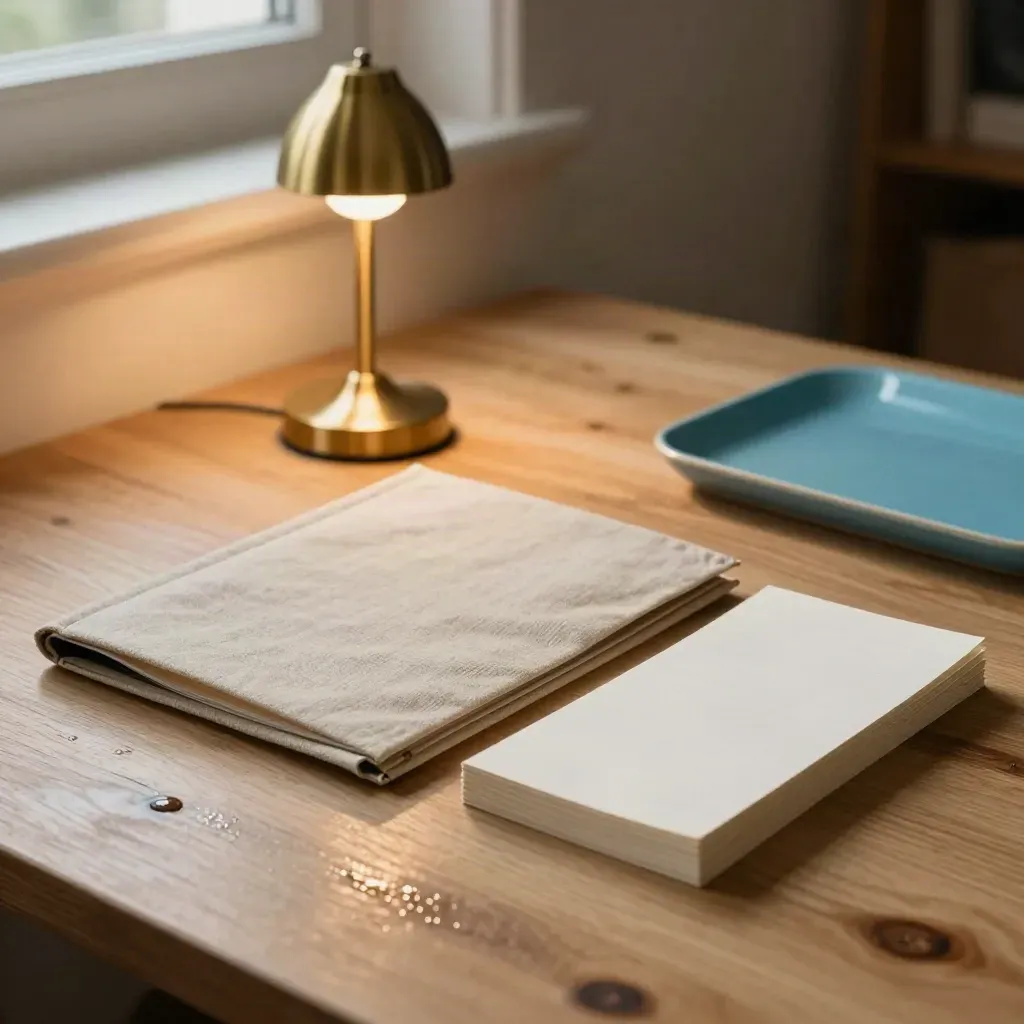 Strategy session workspace with linen folio, blank cards and brass task light on pale wood