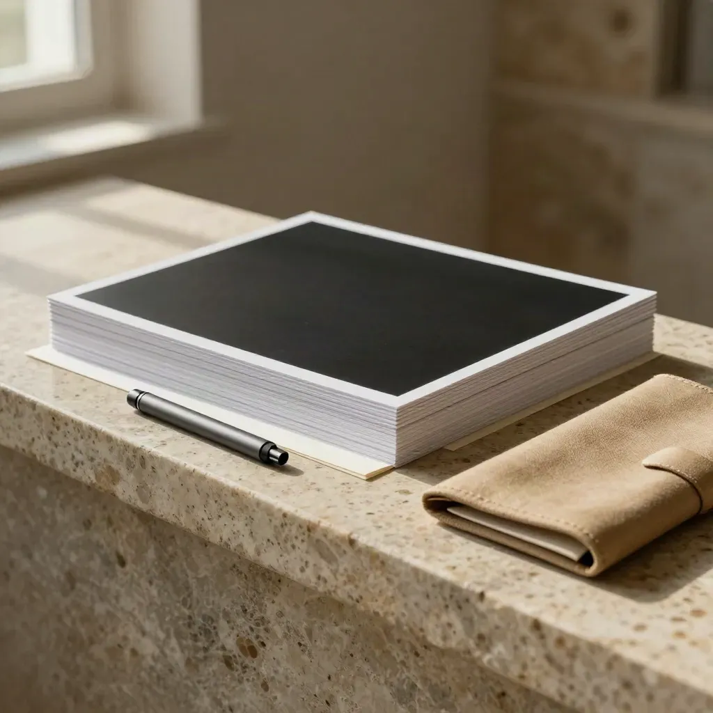 Travertine presentation kit with blank slide boards, clicker, and khaki folio in moody light