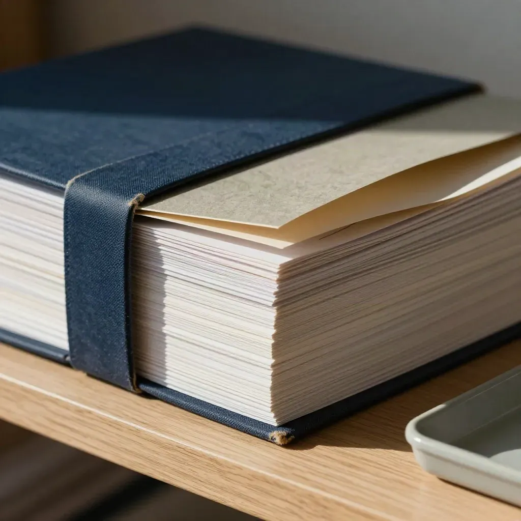 Compressed research folders and folded cards in a navy archival bundle on a pale oak shelf.