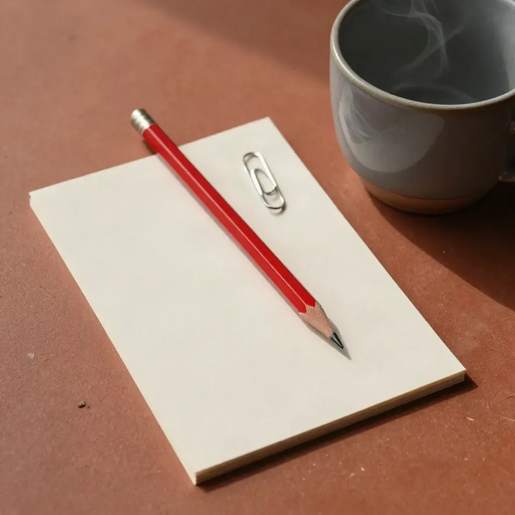 Red pencil, manuscript cards, paperclip line, and steaming ceramic cup on terracotta surface.