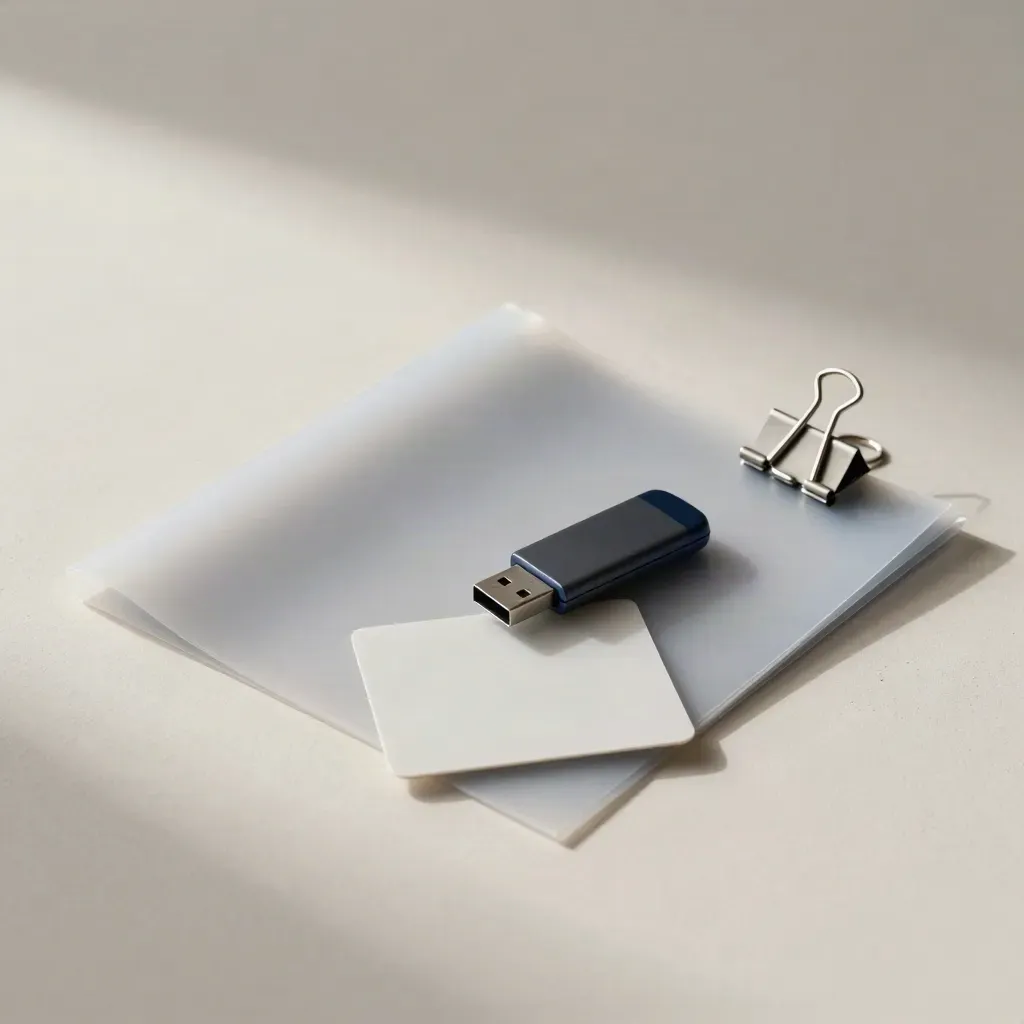 Overhead still life of a file sleeve, USB drive, binder clip, and acetate card on plaster