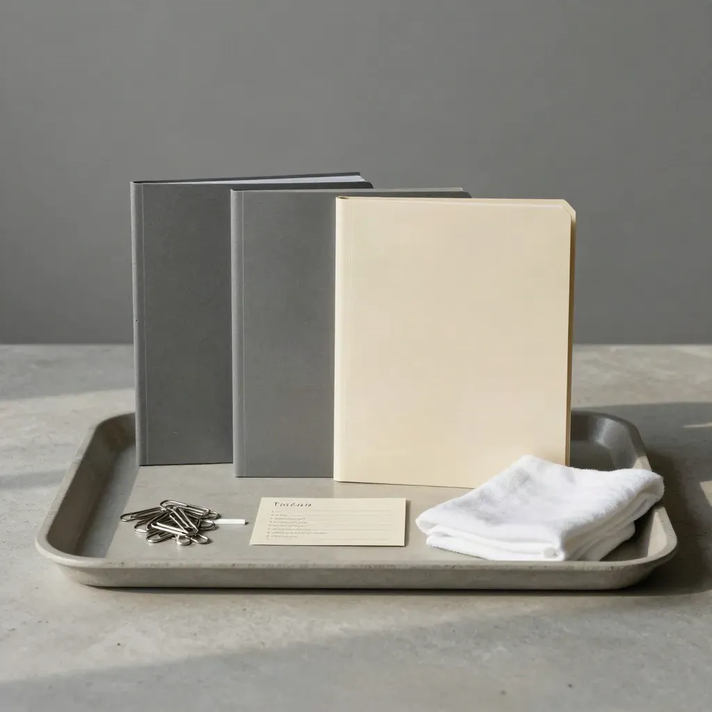 Three folders, clips, and a folded task card on a pale concrete tray