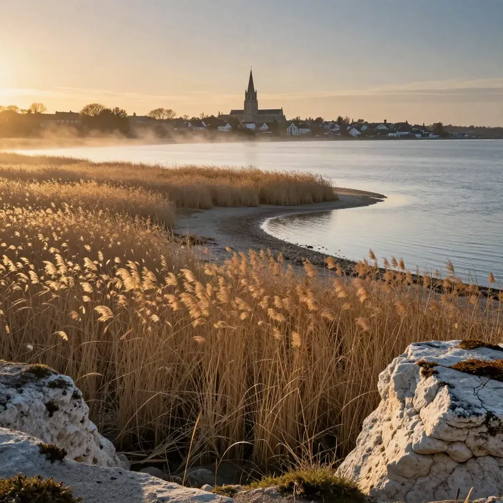 Zealand coast at sunset with a distant cathedral tower, reeds, and calm fjord water