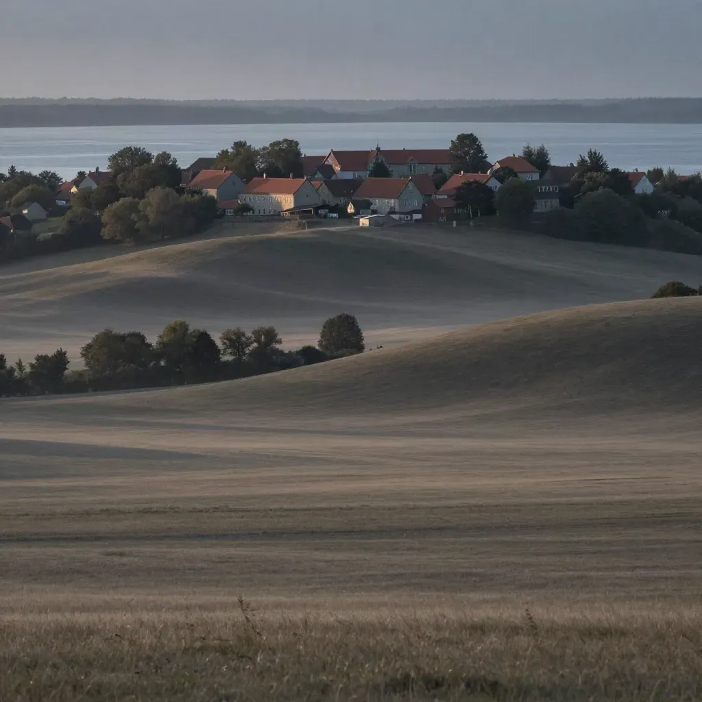 Hazy Aarhus hills, rooftops and bay seen from a wooded hill at dusk