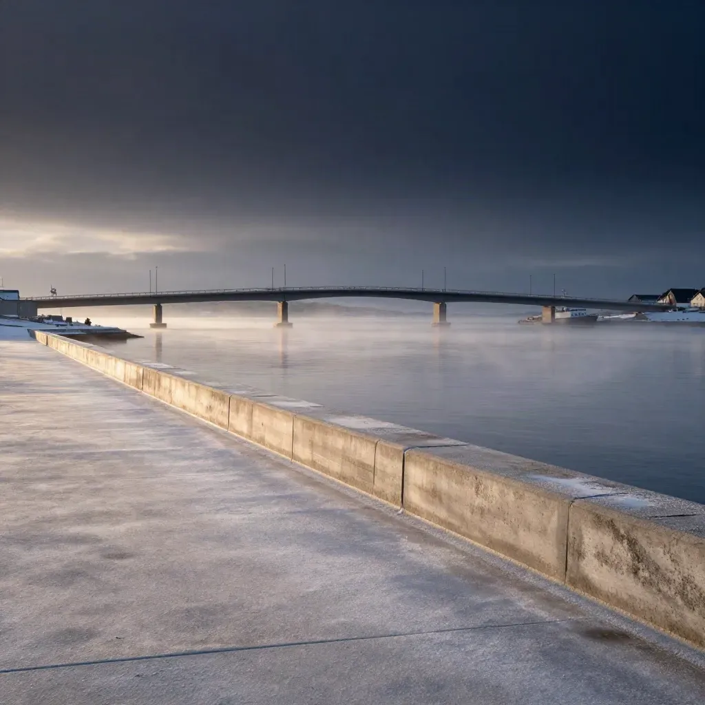 Winter harbor line with bridge silhouettes above a calm frosty quay at dusk.